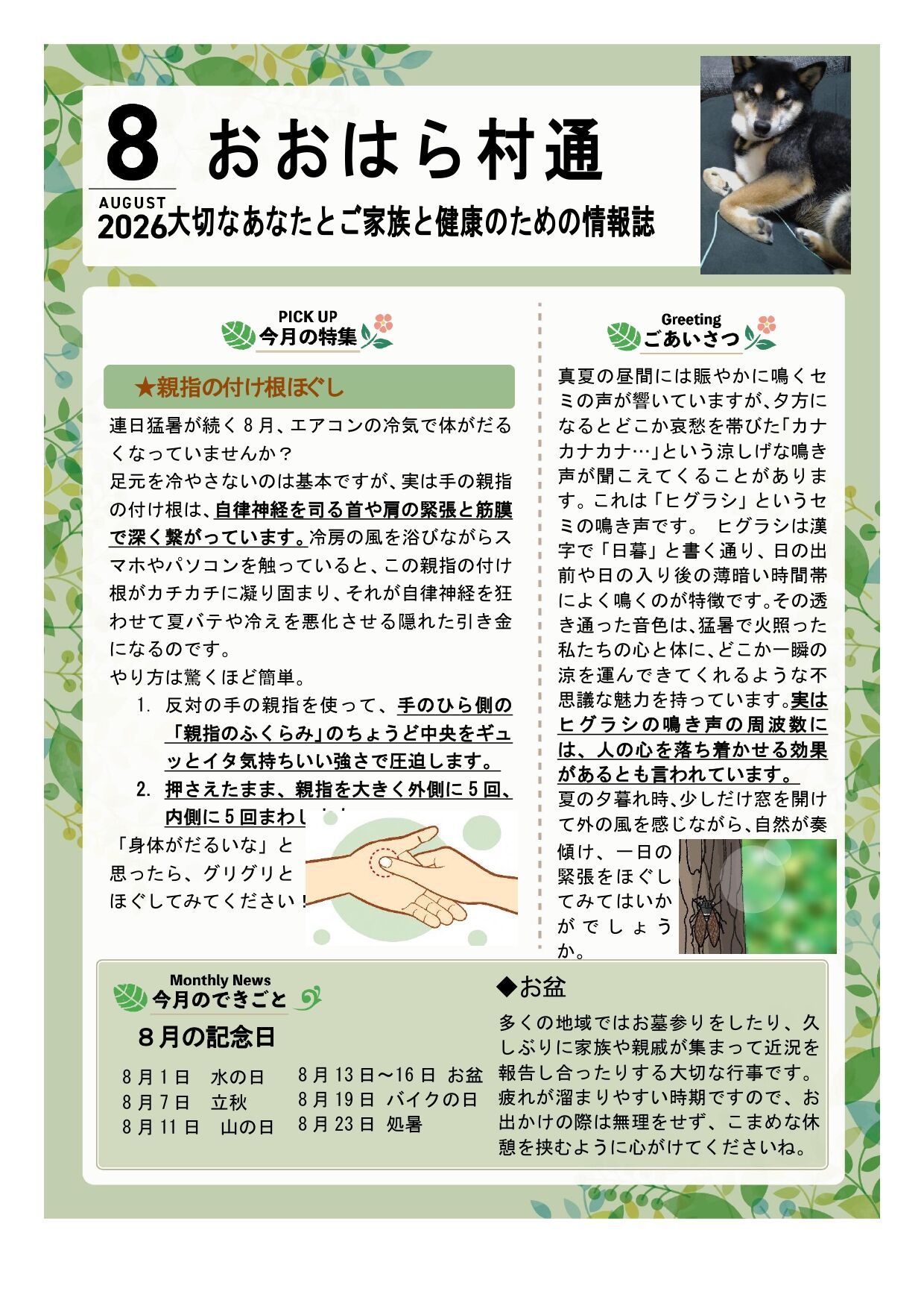 ８月のおおはら村通信は「親指の付け根ほぐし」について